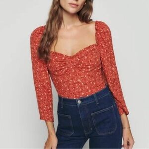 Reformation Red blouse with Sweetheart Neckline